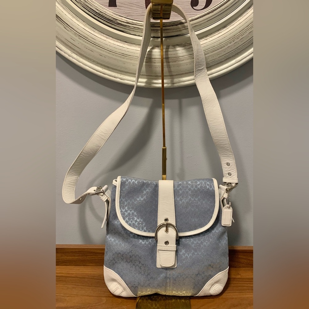 COACH Signature Jacquard Blue Crossbody Purse White Leather HandBag Y2K J3K-6376